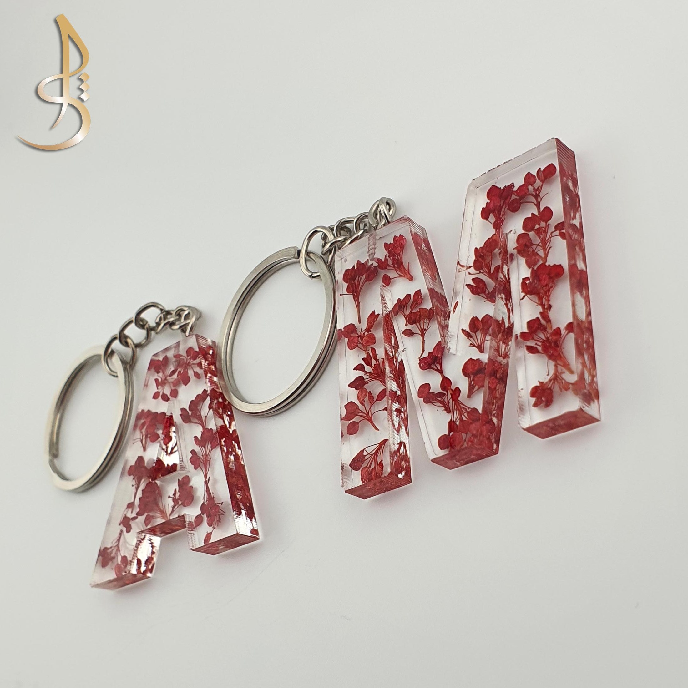 جاکلیدی رزینی حرف A و M انگلیسی گل خشک قرمز