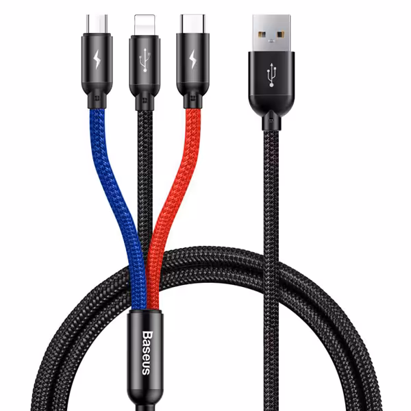 کابل شارژ 3 سر میکرو , لایتنینگ و تایپ سی باسئوس Baseus Three Primary Colors 3-in-1 Cable USB For M L T 3.5A 1.2M Black