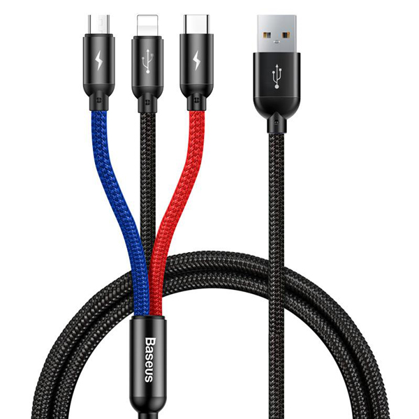 کابل شارژ 3 سر میکرو , لایتنینگ و تایپ سی باسئوس Baseus Three Primary Colors 3-in-1 Cable USB For M L T 3.5A 1.2M Black
