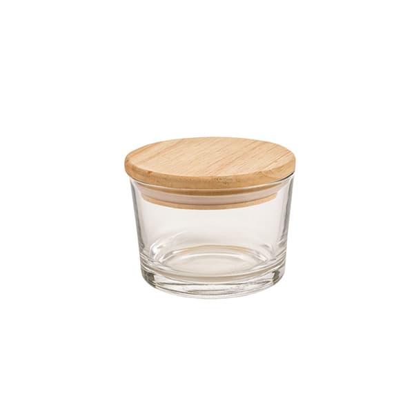 ظرف شیشه گرد 190 میل درب چوب 3 عدد لیمون