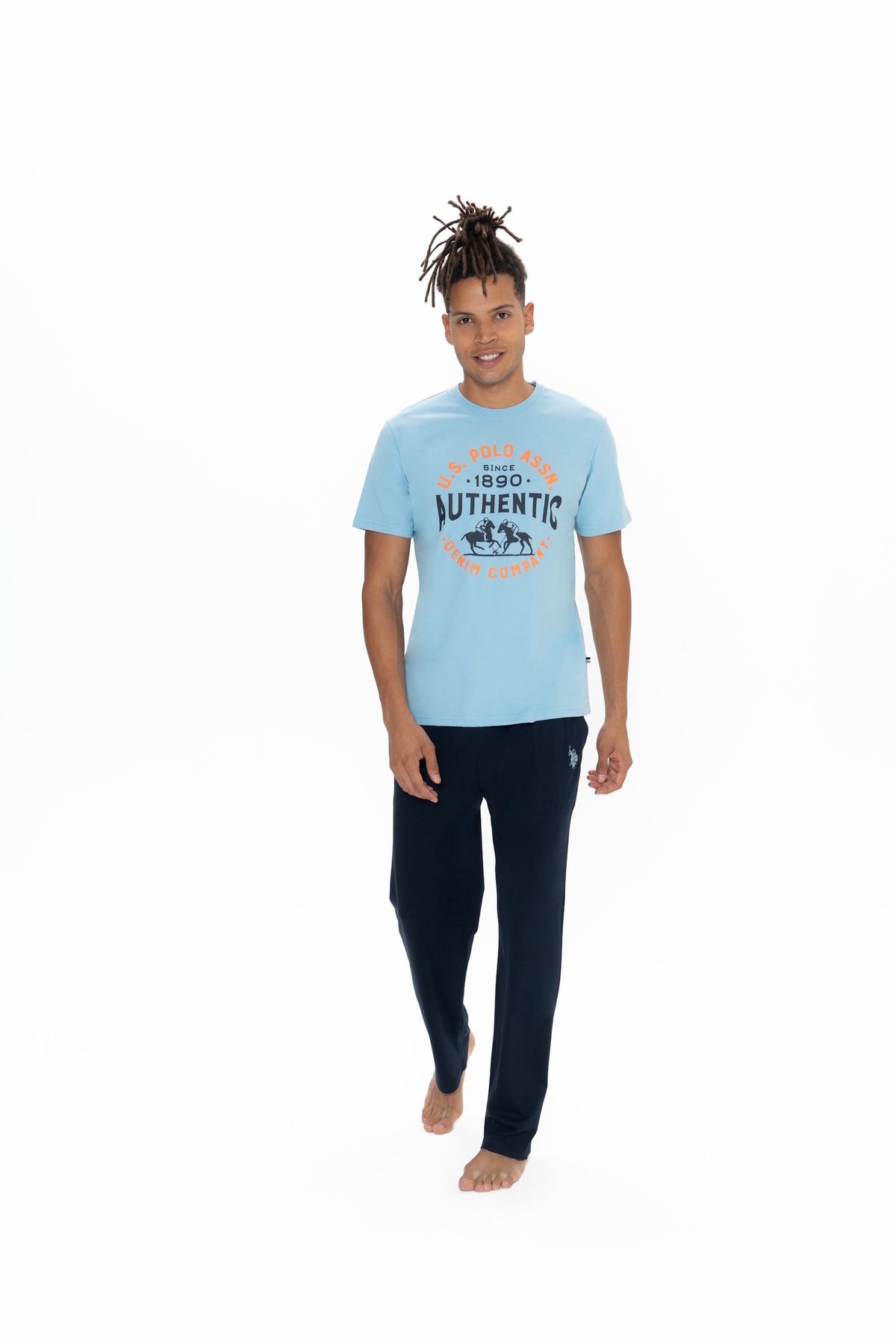 ست پیژامه آبی مردانه مجموعه لباس خواب گرد یقه گردی دارای مجوز اصلی US Polo Assn