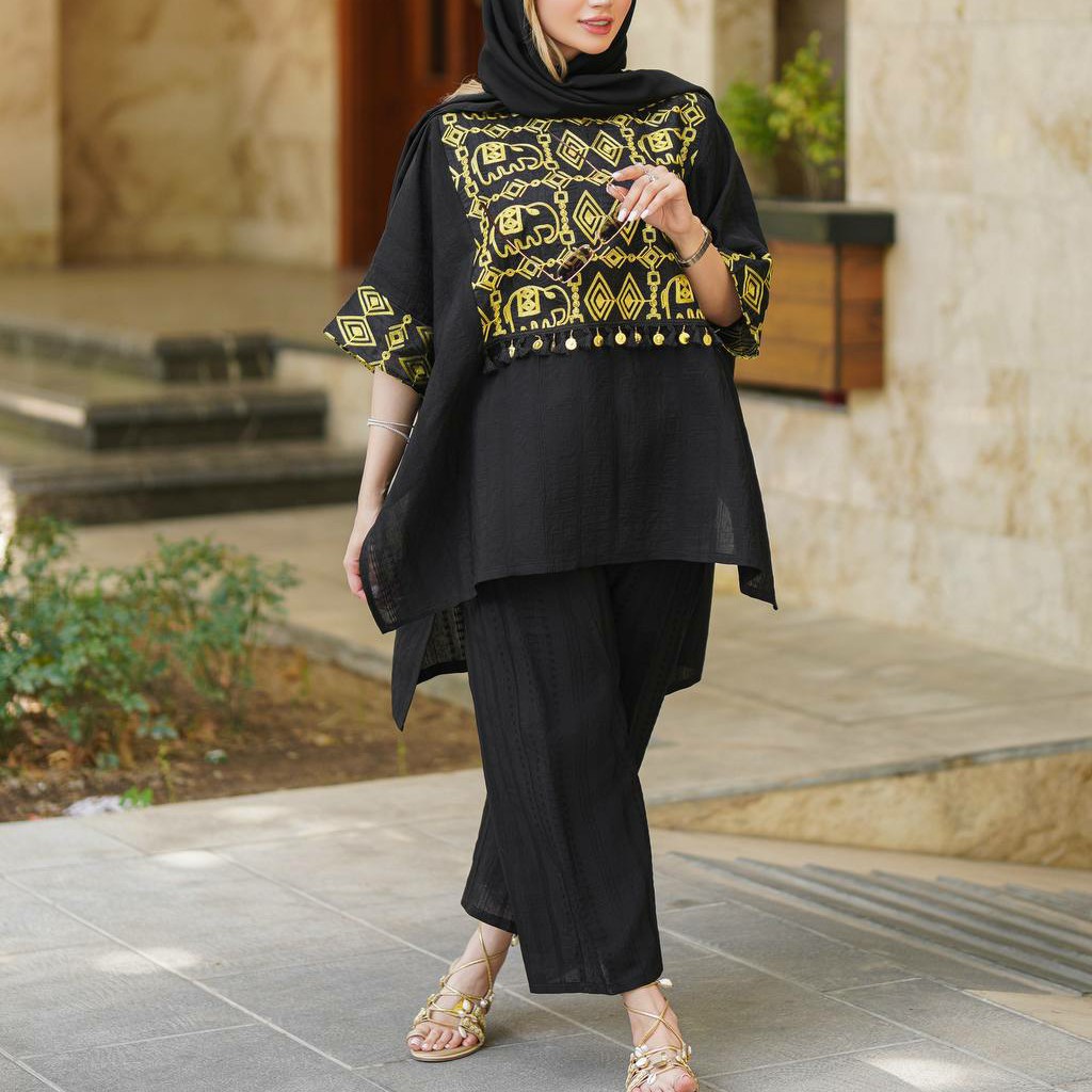 مانتو شلوار زنانه عید 1402 جنس کتیبه فری سایز تک رنگ