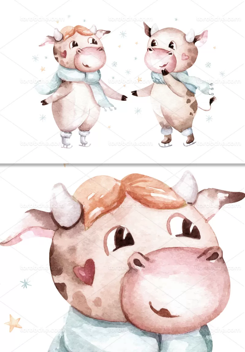 وکتور کاراکتر گاو کارتونی آبرنگی | گرافیک با طعم تربچه