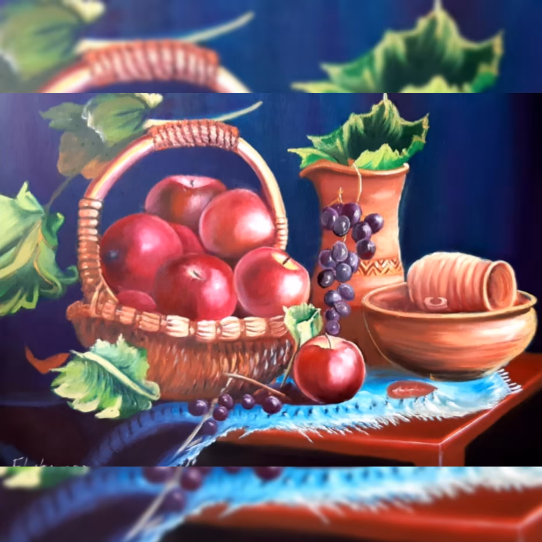 تابلوی نقاشی رنگ روغن روی بوم طرح سبد میوه و سفال    