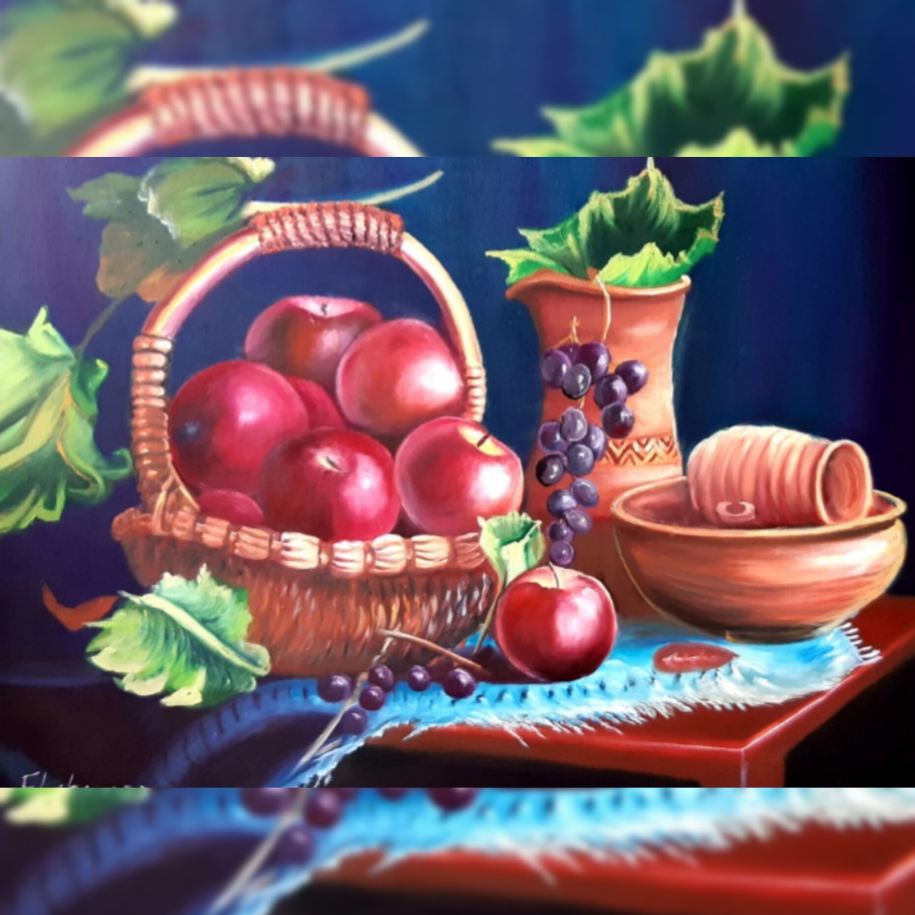 تابلوی نقاشی رنگ روغن روی بوم طرح سبد میوه و سفال    