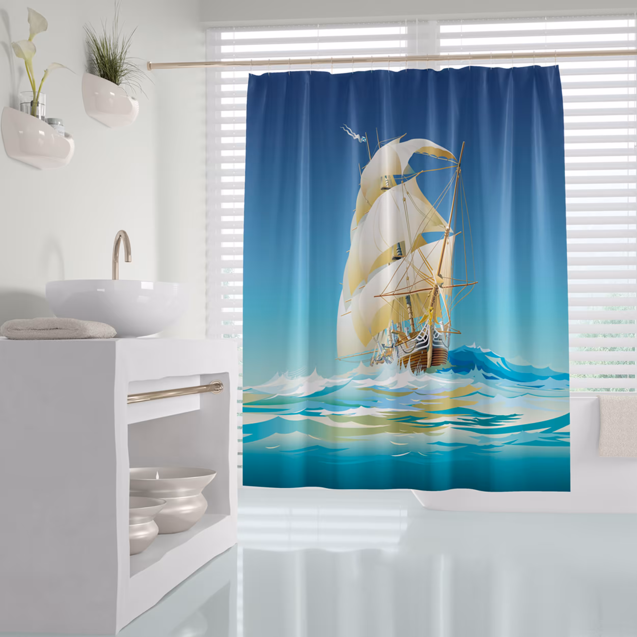 پرده حمام دلفین مدل Ship سایز 180x200 سانتی متر