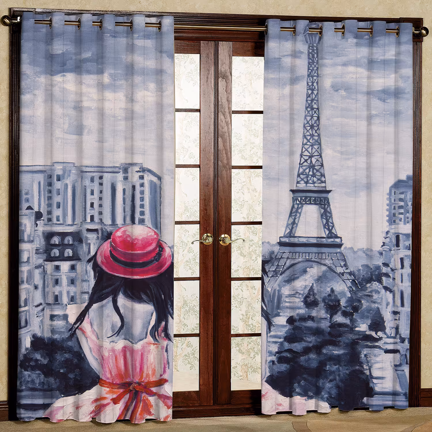 پرده مدل دختر و برج مخمل پانچی کد 1372 سایز 140x280 سانتی متر