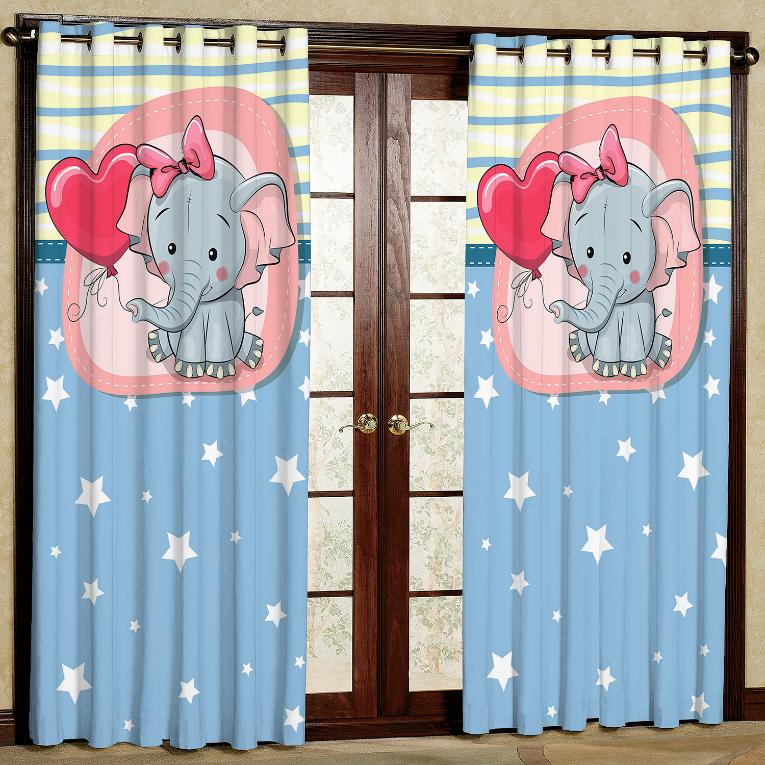 پرده مدل فیل و بادکنک قلبی هازان پانچی کد 4238 سایز 140x200 سانتی متر