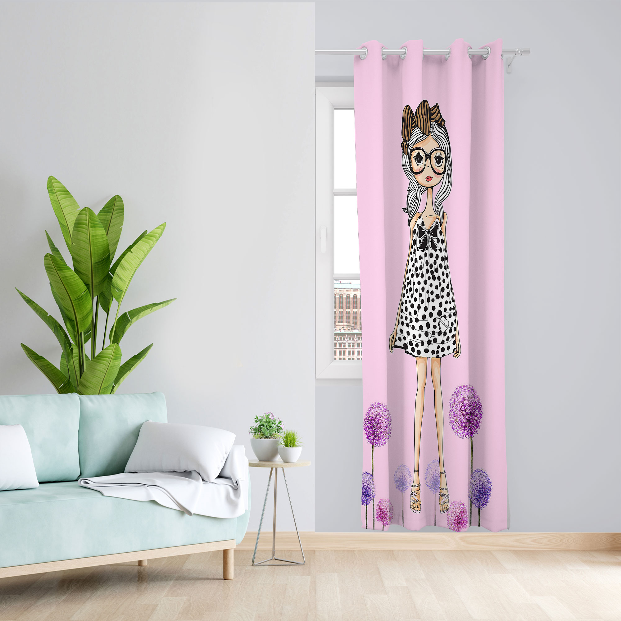 پرده مدل دختر و قاصدک مخمل پانچی کد 4188 سایز 140x280 سانتی متر