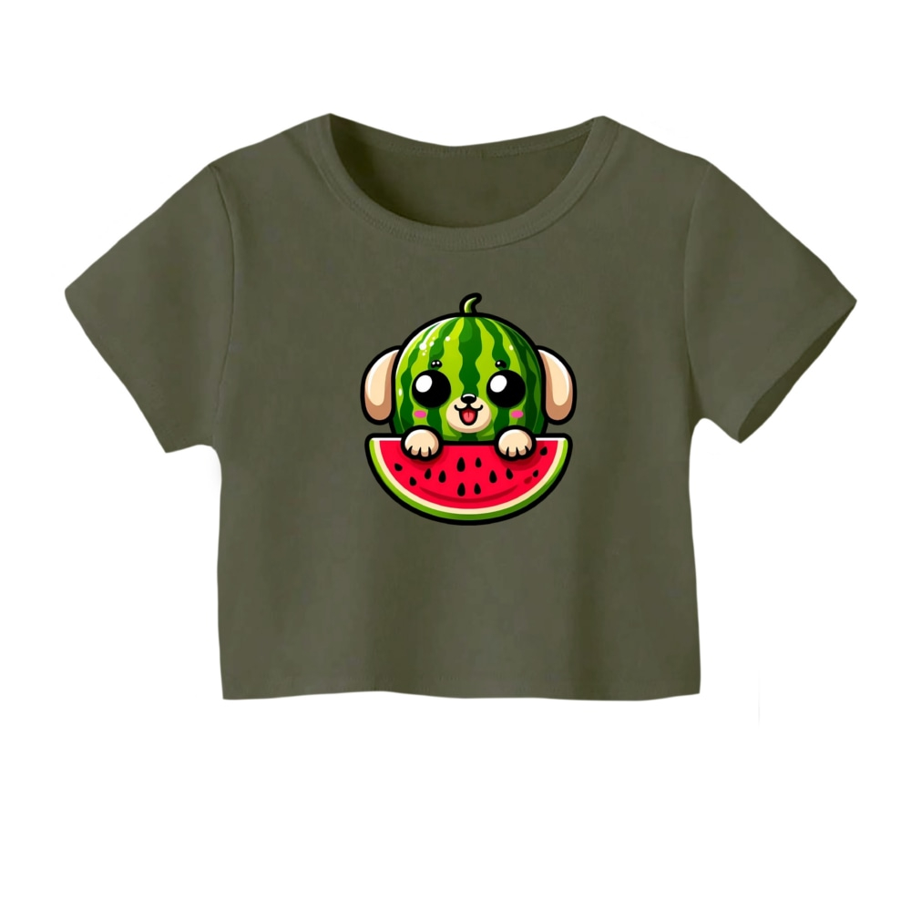 کراپ‌ تی‌شرت آستین کوتاه زنانه مدل سگ یلدایی کد 5 رنگ یشمی