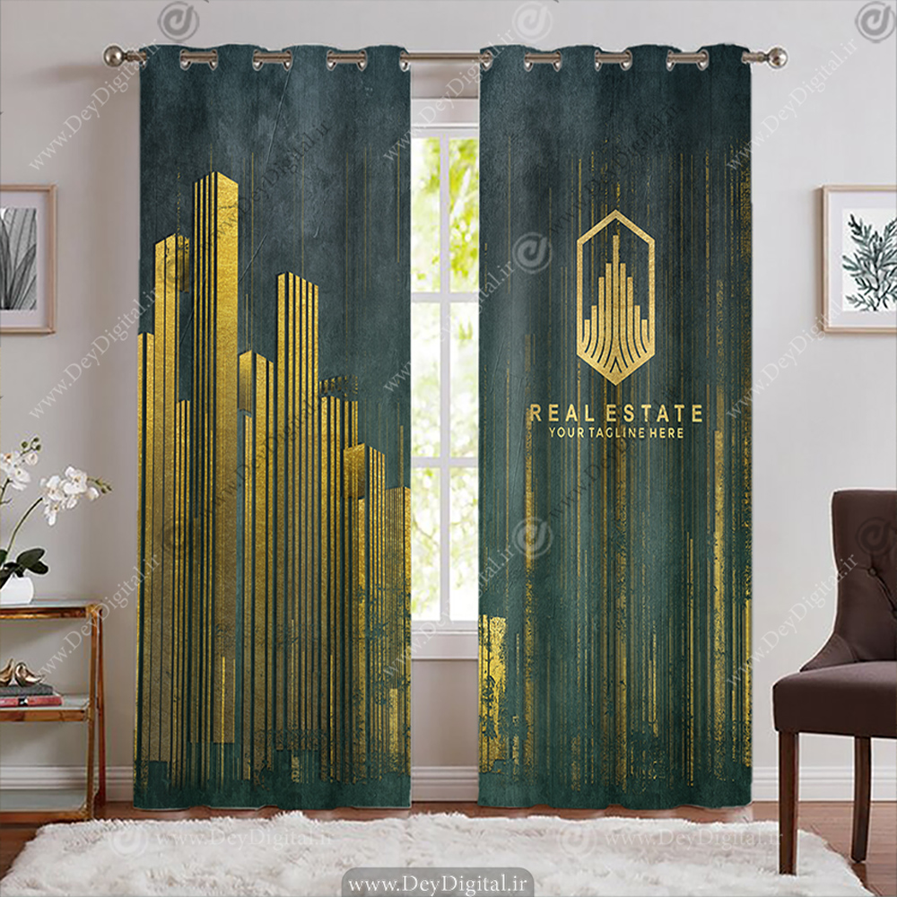 پرده املاک طرح آسمانخراش مینیمال طلایی با زمینه سبز تیره BA-8516-s
