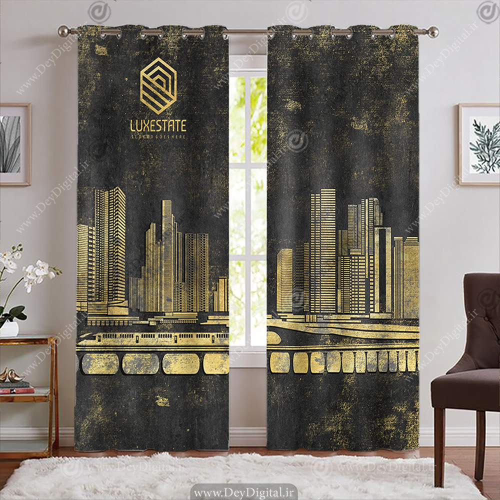 پرده پانچی طرح ملک و آپارتمان با تم مشکی و طلایی BA-8520-s