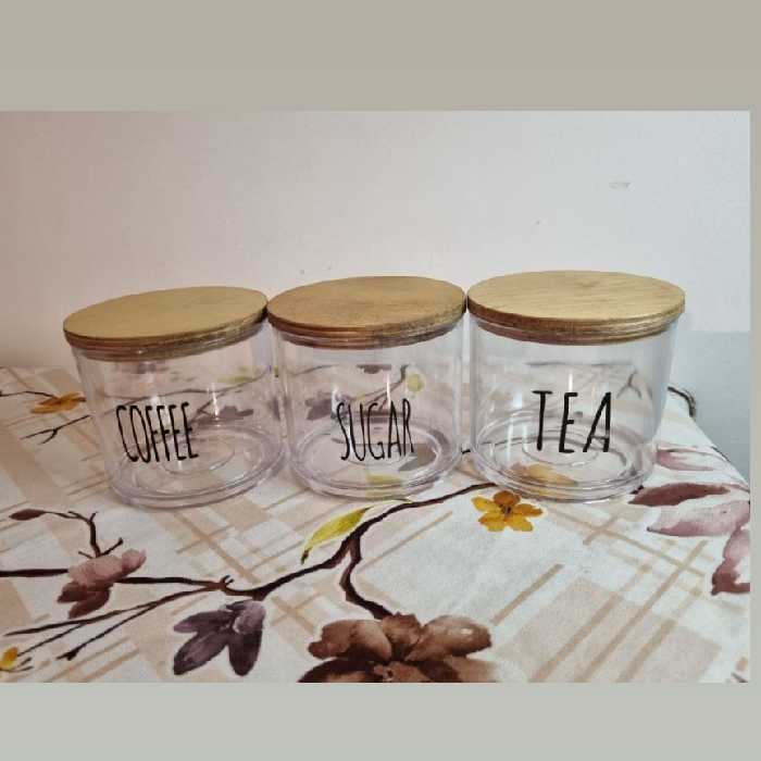 بانکه سه عددی جای چای و شکر و قهوه،جنس پلی اتیلن و نشکن،دارای درب چوبی