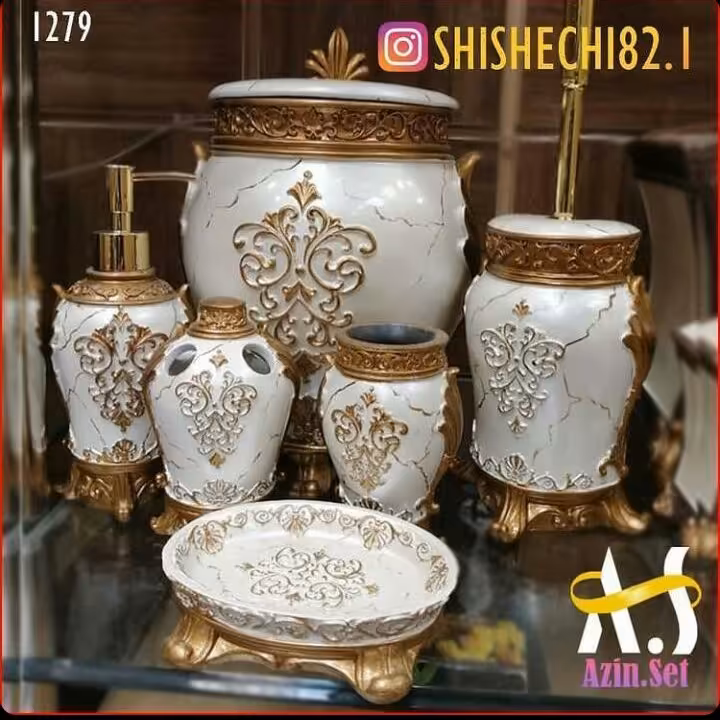 اکسسوری حمام و دستشویی و ست سرویس بهداشتی سلطنتی آذین ست / رنگ سفید طرح سنگ با طلایی پتینه کاری شده / جنس رزین