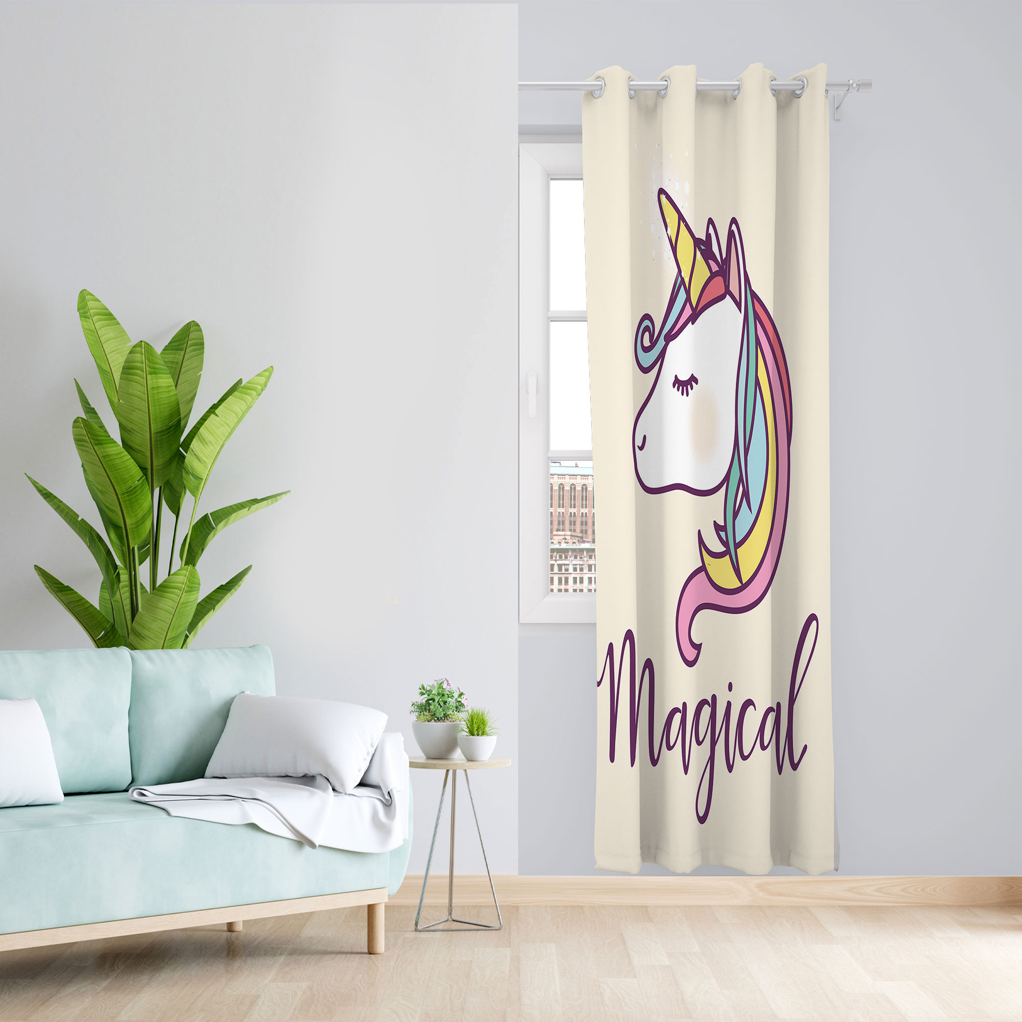 پرده مدل اسب تک شاخ مخمل پانچی کد 2285 سایز 140x280 سانتی متر