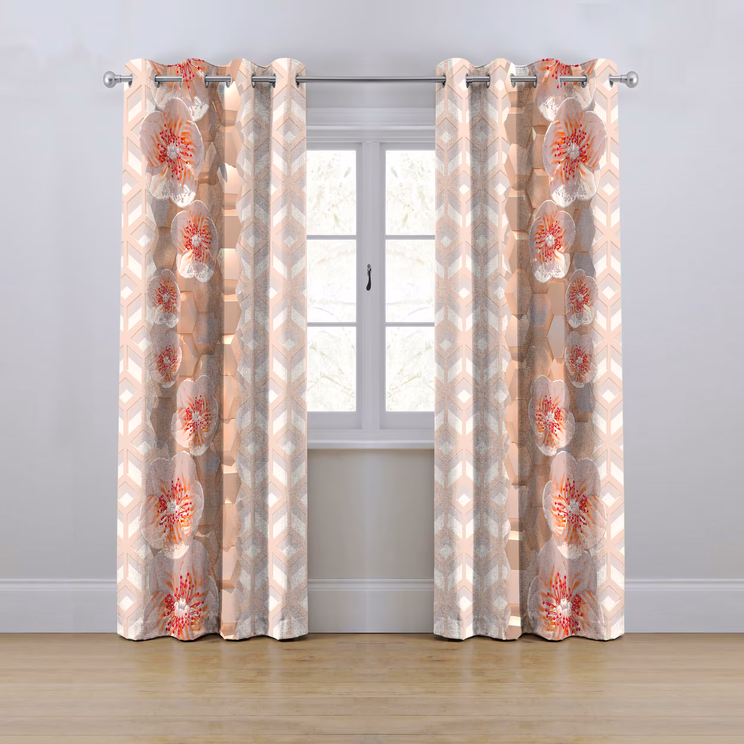 پرده مدل پانچی طرح شش ضلعی و گل سایز 280x145 سانتی متر