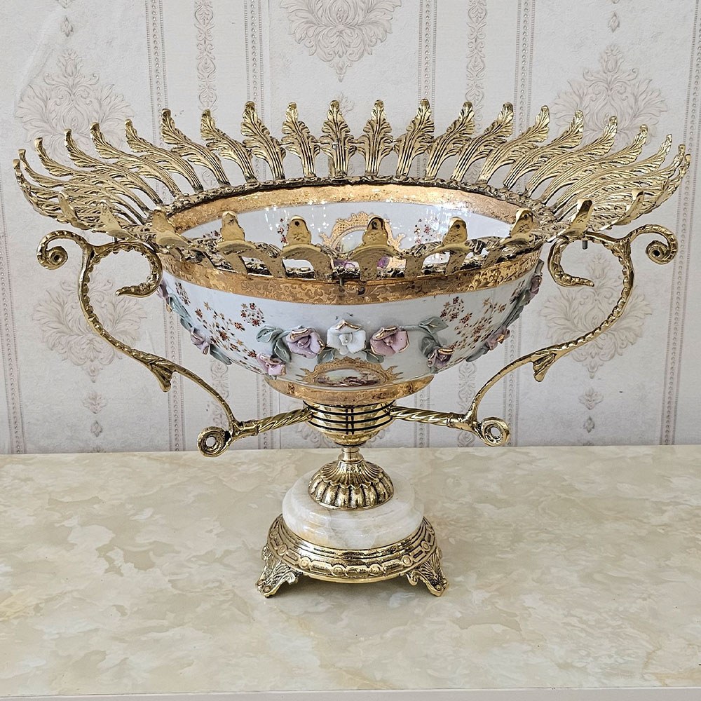 آجیل خوری برنزی سرامیکی مدل گل برجسته سایز 4 کد 5505 ( آجیل خوری رومیزی برنجی )