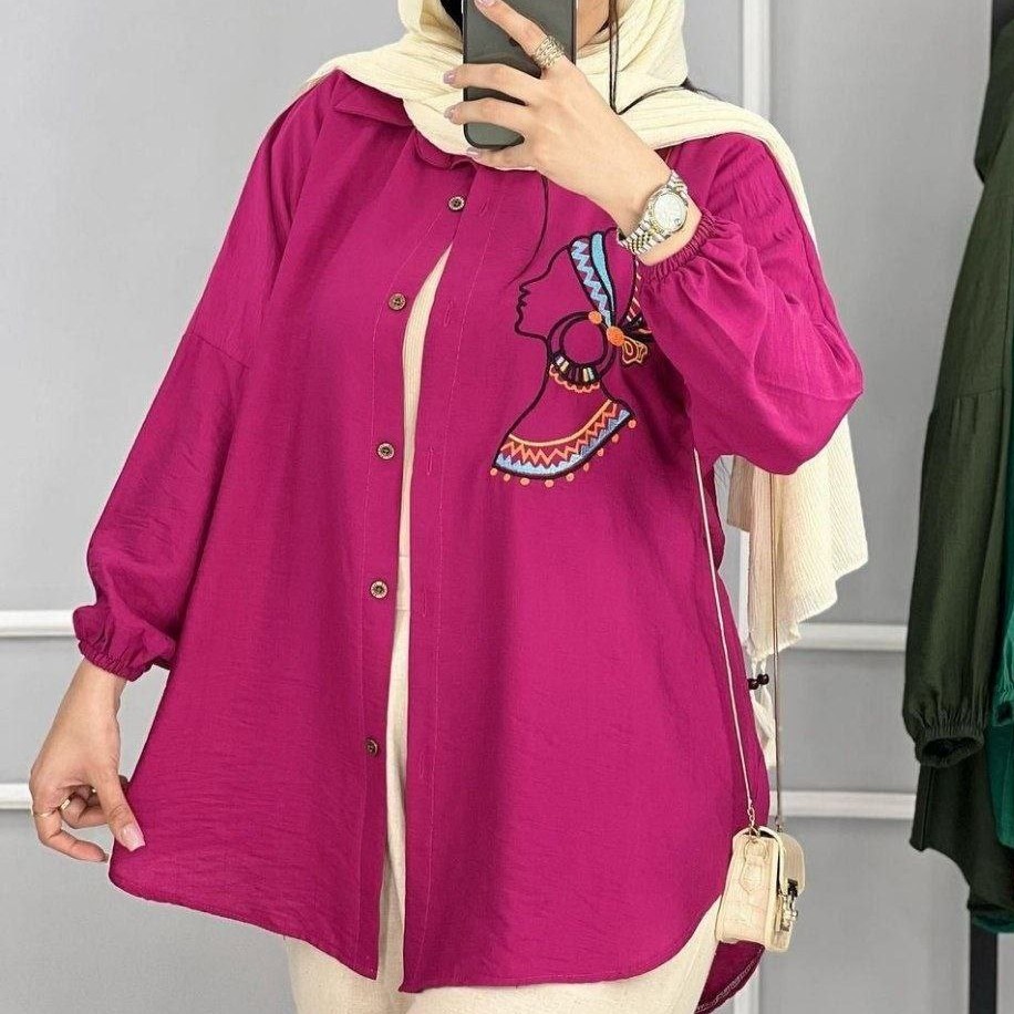 کد Dal653 شومیز مانتویی خورشید جنس بابوس درجه یک طرح خاص و زیبای گلدوزی شده فری سایز 38 تا 50