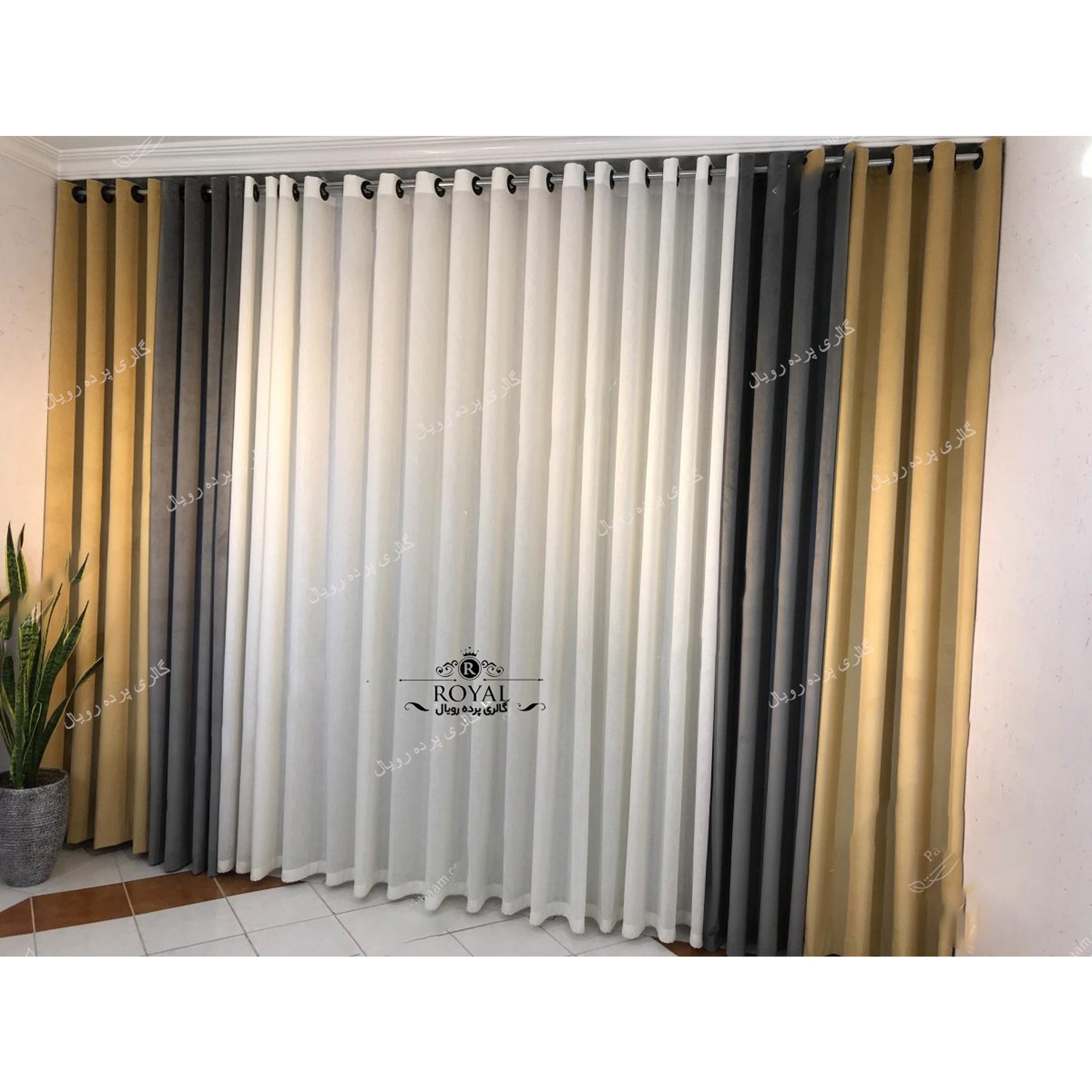 پرده مخمل کالیفرنیا رنگ طوسی و کرم 