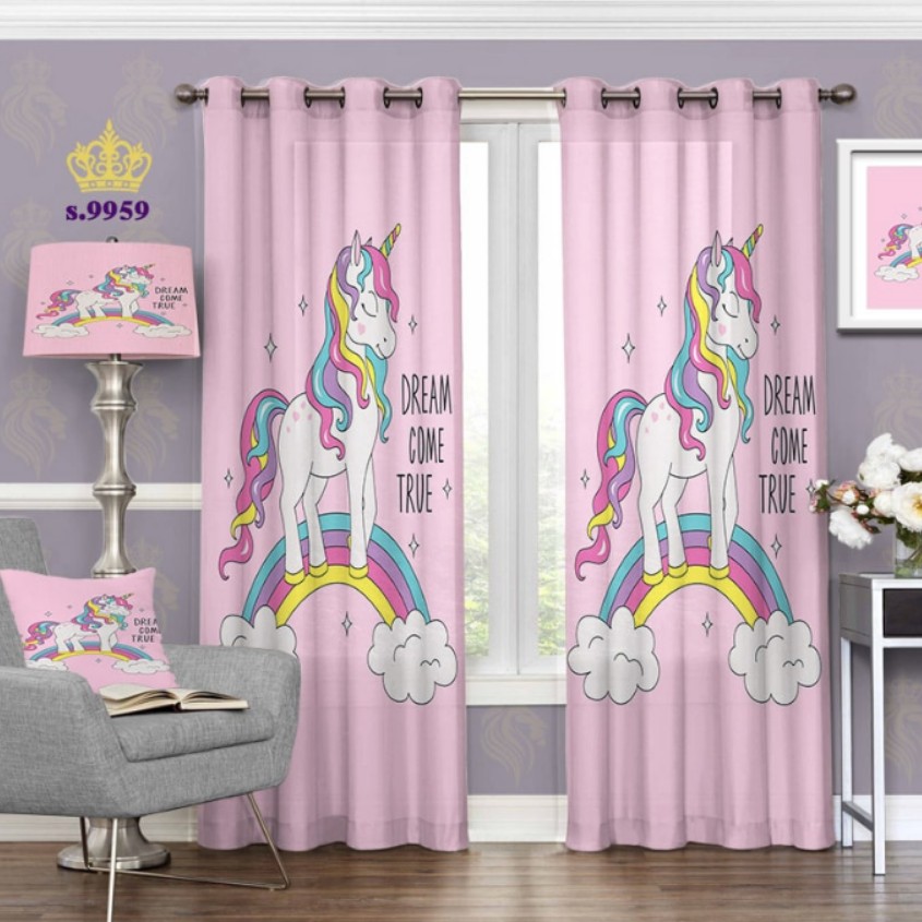 پرده اتاق کودک  دو قواره پانچ آماده طرح یونیکورن  کد S9959