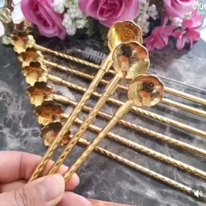 قاشق نی دار طلایی طرح گل قاشقی شربت خوری همراه فرچه شستشو