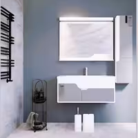 روشویی کابینت هلما طوسی سفید کد 100 به همراه سنگ کورین، باکس و آیینه دارای کالیته رنگبندی 