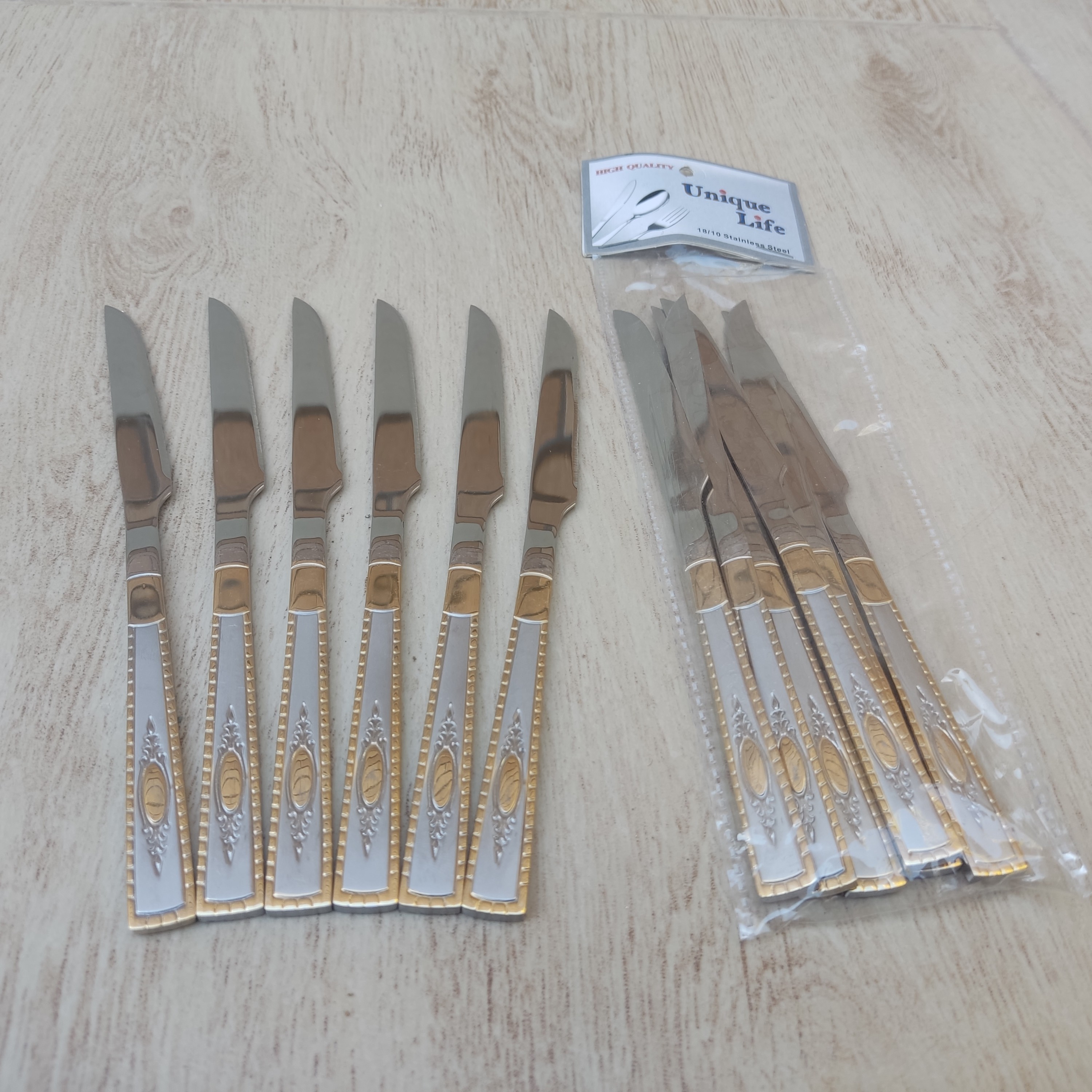 کارد میوه خوری طلایی مارک یونیک لایف Unique life  بسته 6 عددی طول 18سانت و ضخامت 4 میل . چاقو میوه خوری  