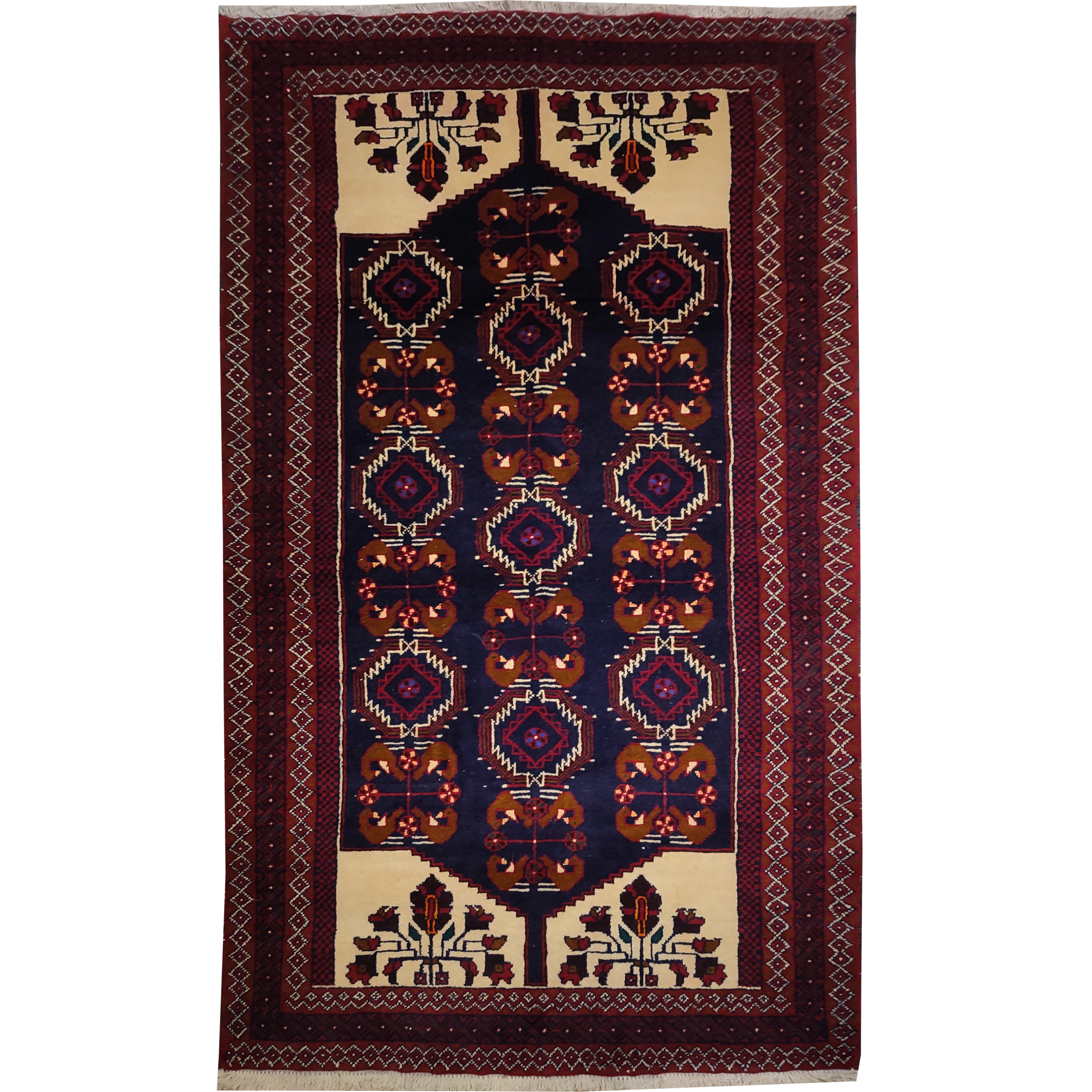 فرش قدیمی دستبافت کناره به طول دو متری طرح بلوچ کد221