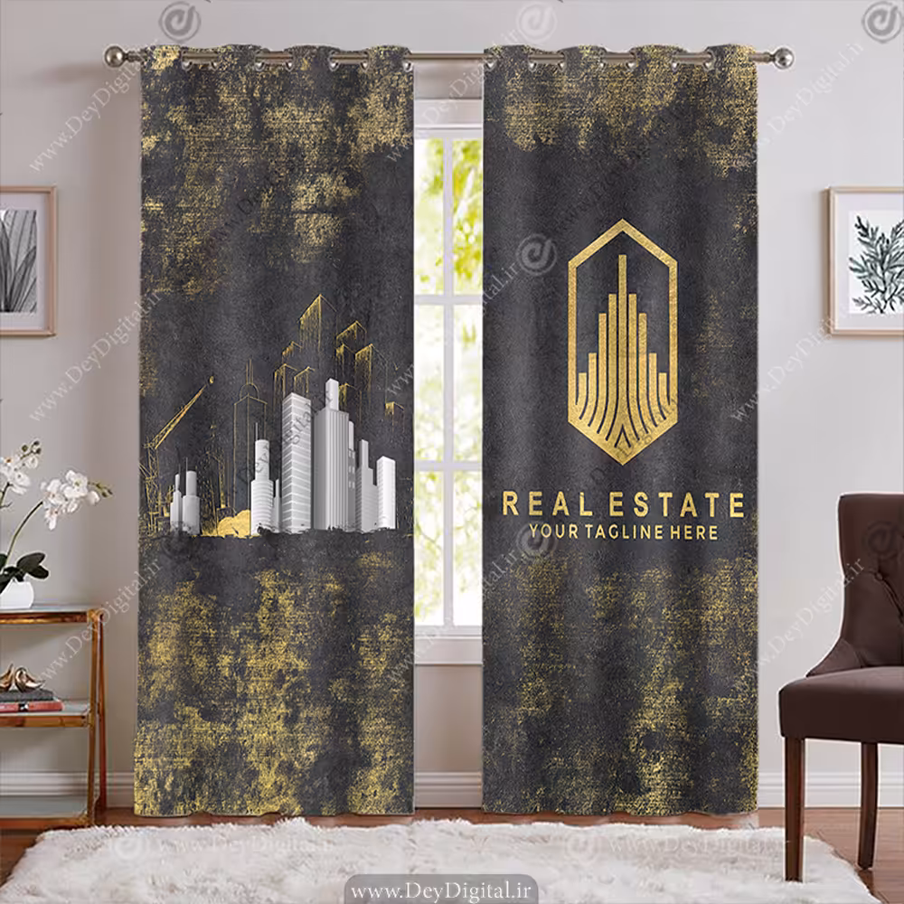 پرده چاپی طرح ملک و ساختمان با زمینه و تم پتینه طلایی و مشکی BA-8518-s