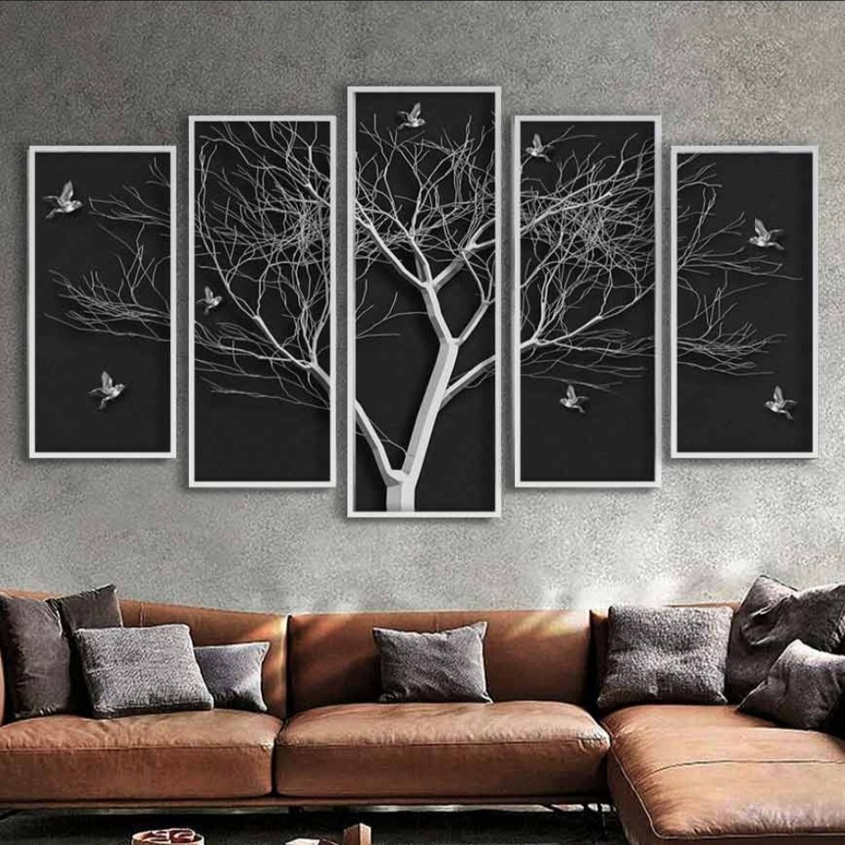تابلو دکوراتیو درخت نقره ای وزمینه مشکی پنج تکه
