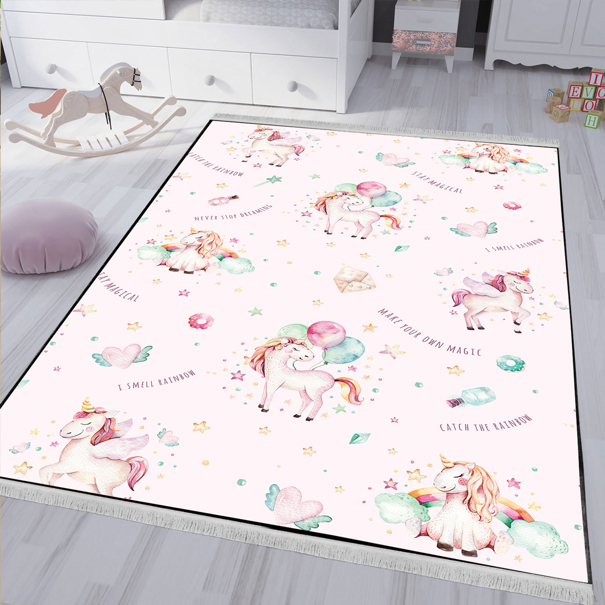 فرش دخترانه طرح یونیکورنی صورتی SM-32701b