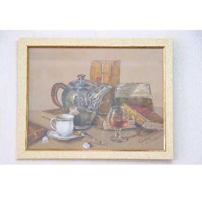 تابلو نقاشی مداد رنگی طرح کتاب و کتری چای