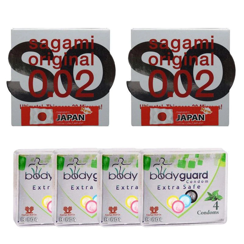 کاندوم ساگامی مدل نرمال مجموعه 2 عددی به همراه کاندوم بادی گارد مدل اکسترا سیف مجموعه 4 عددی