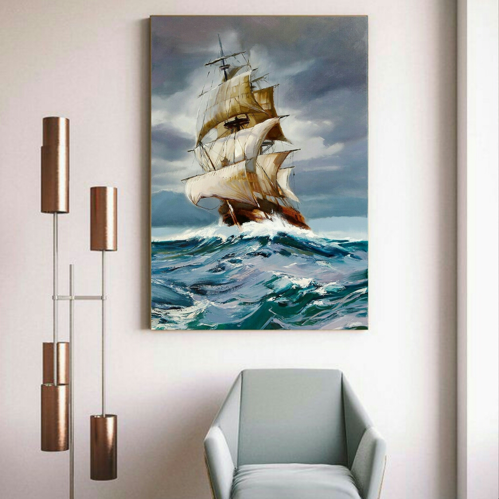 تابلو بوم مدل کشتی و دریای طوفانی کد AR200