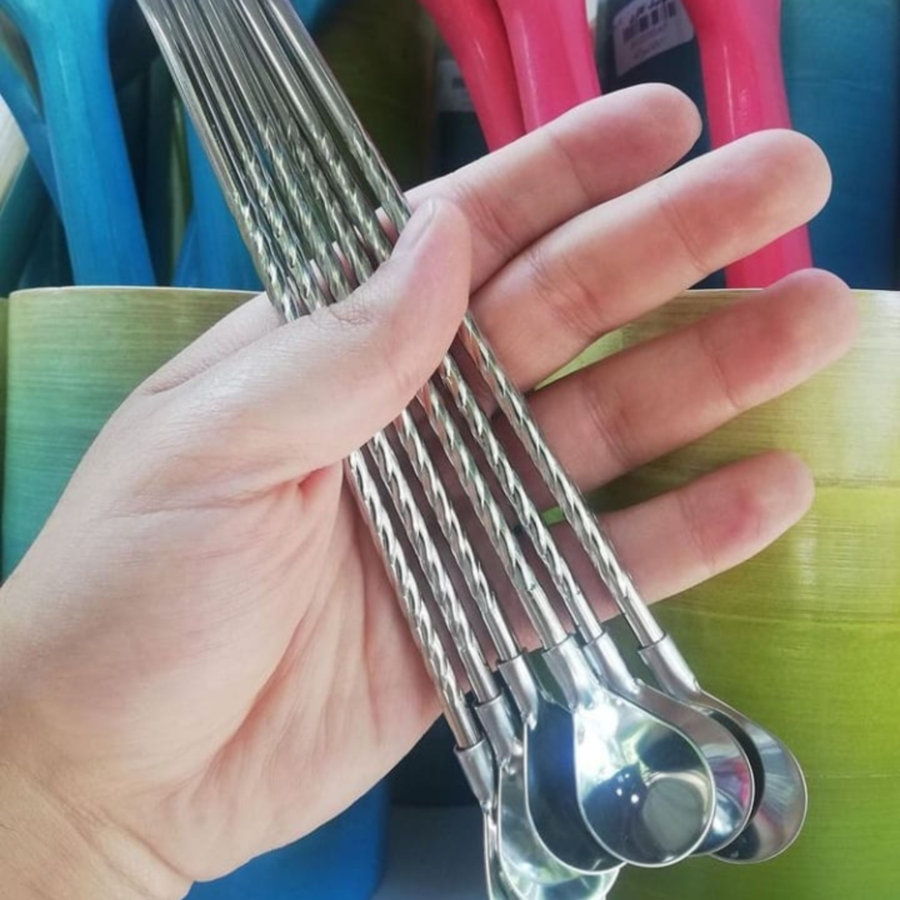 قاشق نی دار شربت و نوشیدنی طرح پیچی رنگ استیل(6تایی)