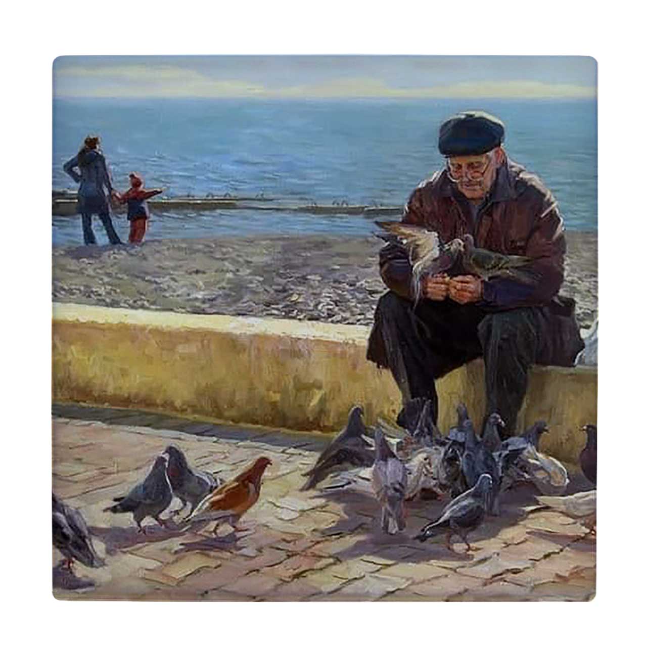  کاشی کارنیلا طرح نقاشی پیرمرد و کبوترها کد wkk1380