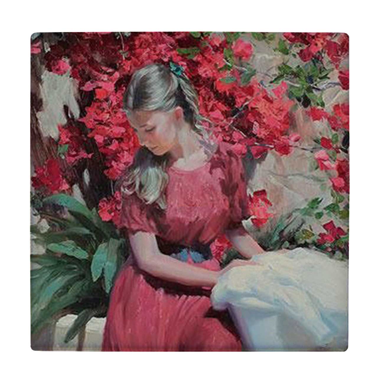  کاشی کارنیلا طرح نقاشی دختر و بوته گل ها کد wkk3591