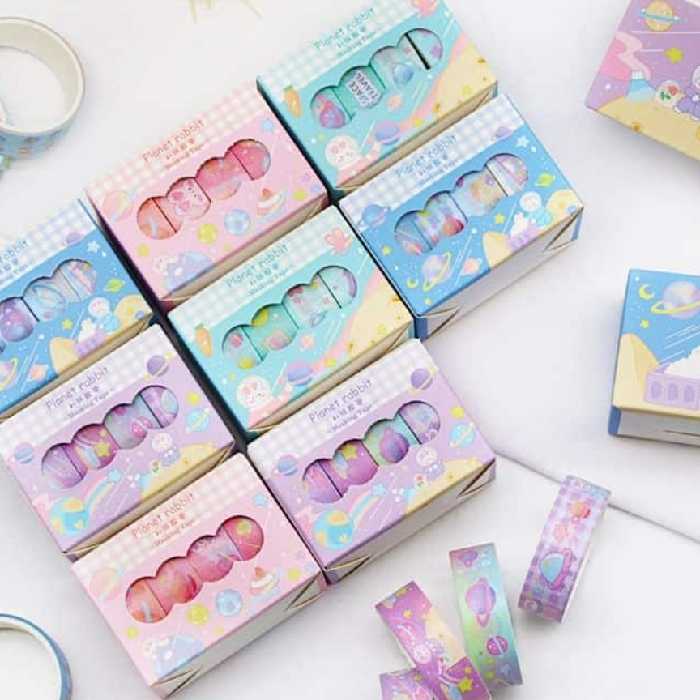 ست چسب واشی فانتزی 4 تایی طرح خرگوش فضانورد پک چهارتایی چسب واشی کاغذی در رنگ صورتی بنفش فیروزه ای آبی