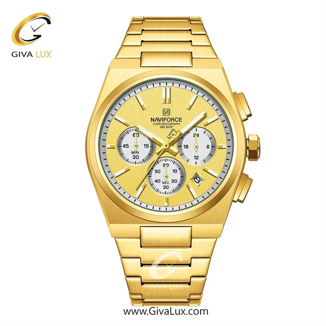 ساعت مچی اورجینال ناوی فورس مردانه سه موتوره کرنوگراف طلایی | طلایی | طلایی | کد رفرنس NF8048-G/G/G