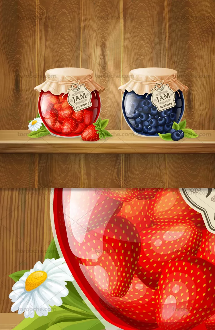 وکتور مربای توت فرنگی و زغال اخته | گرافیک با طعم تربچه