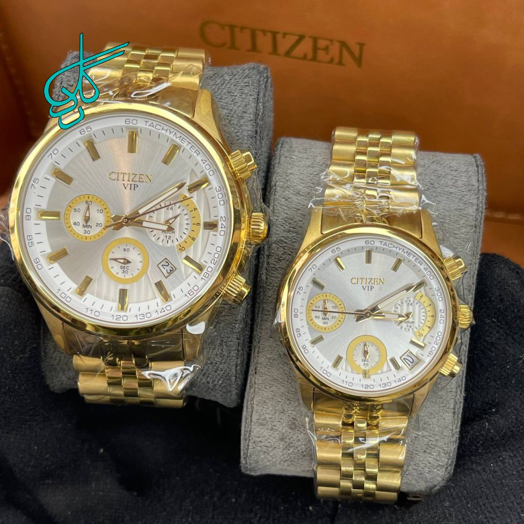 خرید ست ساعت زنانه و مردانه سیتیزن VIP کرنو سه موتوره فعال موتور ژاپن رنگ ثابت طلایی صفحه سفید کیفیت عالی کد 2115794 - ردگل