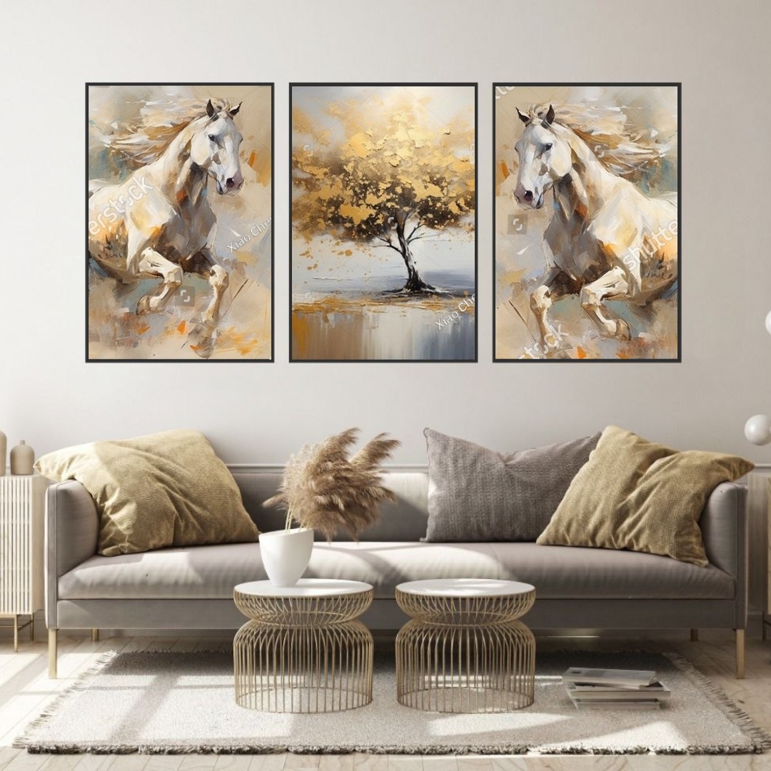 تابلو دکوراتیو درخت طلایی واسب های سفید سه تکه 