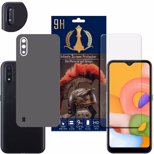 برچسب پوششی اینفینیتی مدل PRO MAX مناسب برای گوشی موبایل سامسونگ GALAXY A01 به همراه محافظ صفحه نمایش و محافظ لنز دوربین