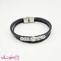 دستبند مردانه چرم با پلاک ورساچه مشکی نقره ای استیل کد 1188