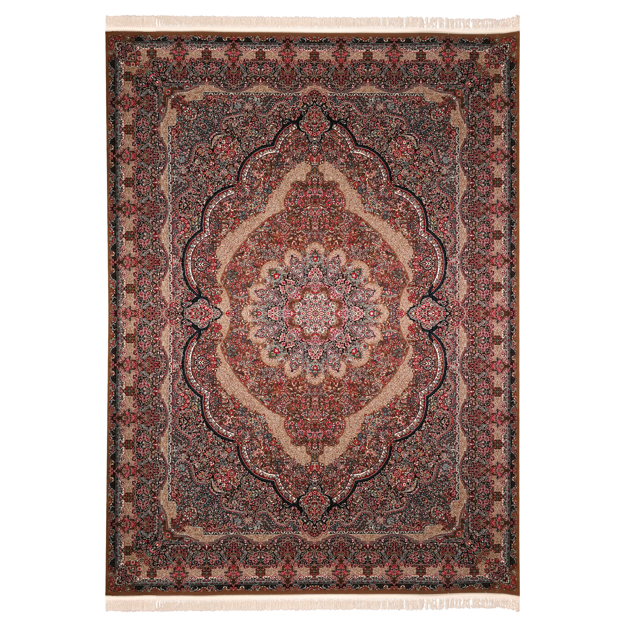 فرش ماشینی زمرد مشهد مدل ریز گل کرمان زمینه گردویی