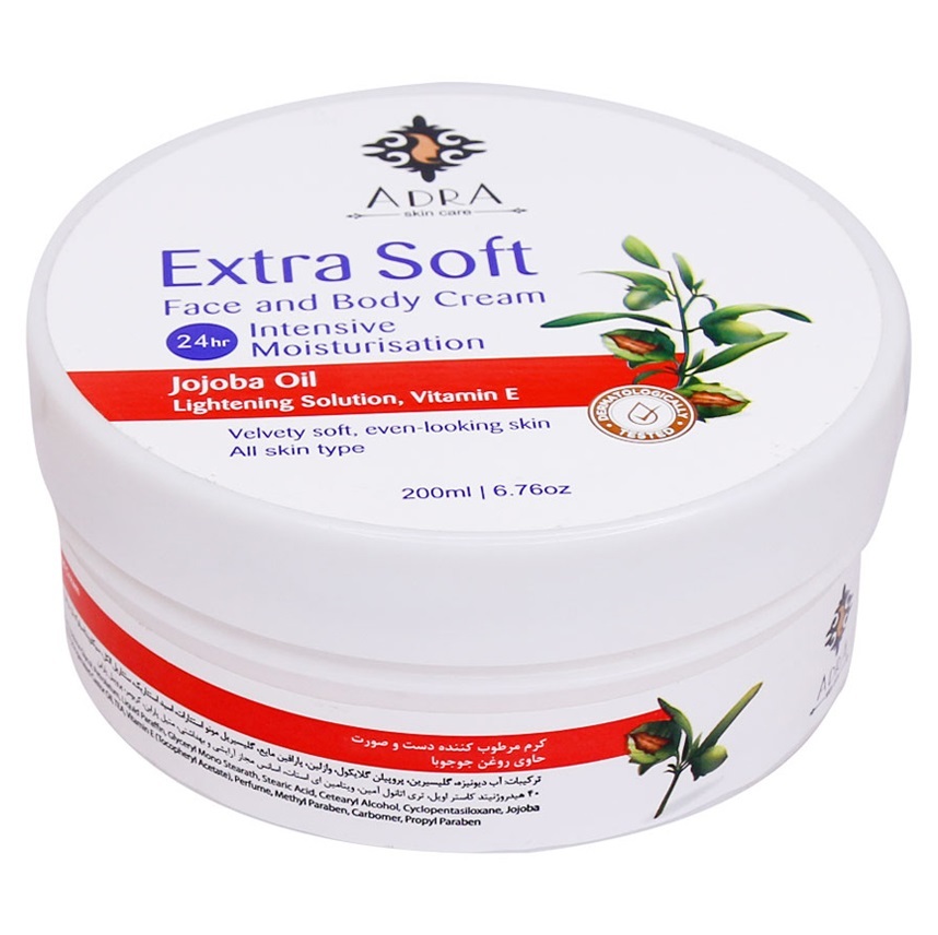آدرا کرم کاسه ای مرطوب کننده دست و صورت حاوی روغن جوجوبا انواع پوست 200 میل