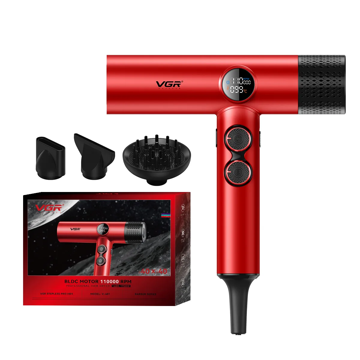 سشوار حرفه ای وی جی آر VGR مدل V-401سشوار حرفه ای VGR V-401، موتور پرسرعت 110000 دور در دقیقه BLDC با 40 تنظیم سرعت و دما، شات خنک، اتصالات مغناطیسی، نمایشگر LED برای نتایج با کیفیت سالن، 1900 وات