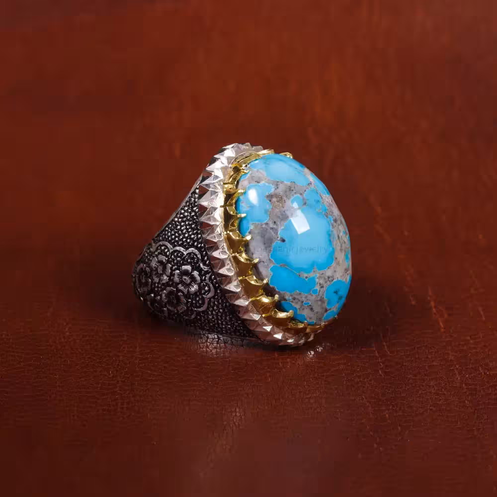 انگشتر فیروزه شجری مردانه کد 17217 - جواهری مشاهیر