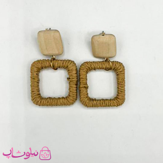 گوشواره فانتزی دخترانه کنفی طرح مربع قهوه ای رنگ کد 145