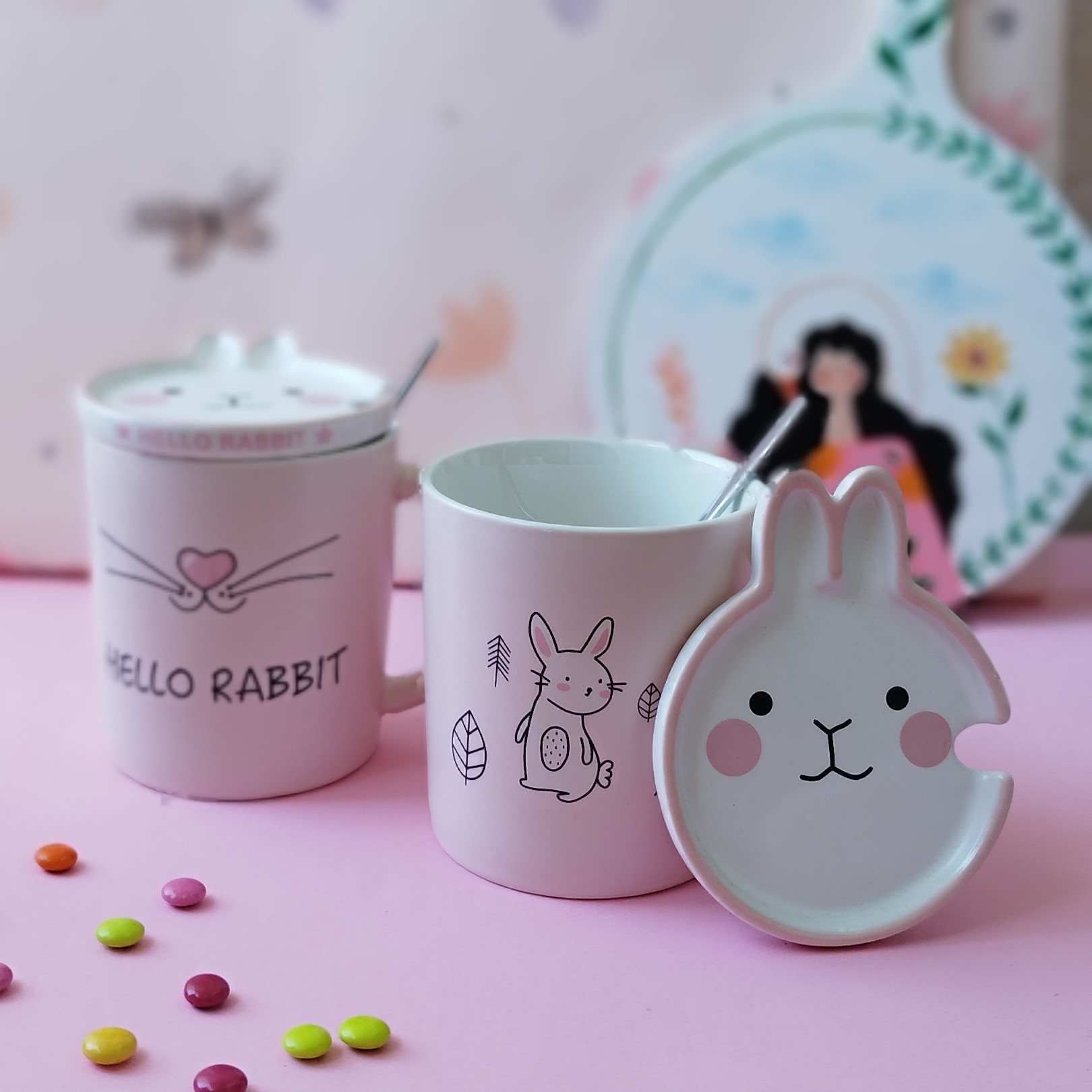 ماگ سرامیکی طرح خرگوش دربدار به همراه قاشق استیل